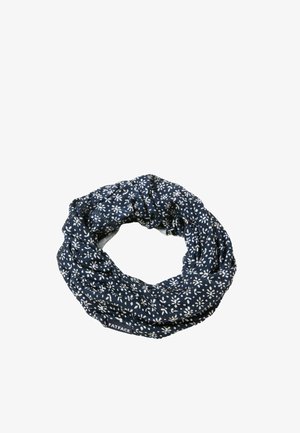 Navy blue fabric neck gaiter with white floral patterns and a small FatFace label.