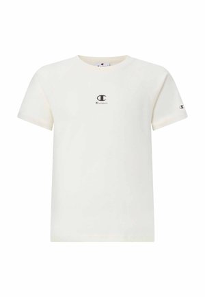 T-shirt Champion bianca a maniche corte con piccolo logo nero sul petto e sulla manica, scollo rotondo, mostrata su sfondo semplice.