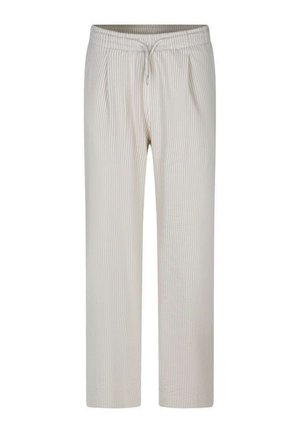 Pantalon en maille côtelée beige avec une ceinture élastique et un cordon de serrage, présentant une coupe droite décontractée.