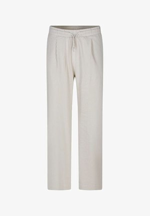 Pantalon en maille côtelée beige avec une ceinture élastique et un cordon de serrage, présentant une coupe droite décontractée.