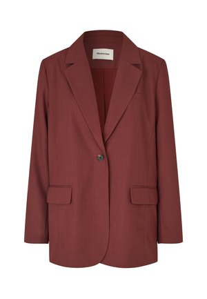 Rustfarget blazer laget av glatt stoff, med notert krage, enkelt knappelukking og to frontlommer.