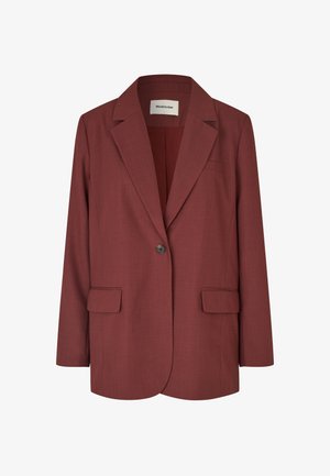 Rust-colored blazer made of smooth fabric, featuring a notched lapel, single button closure, and two front pockets.