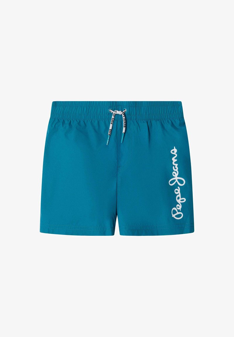 Modré plavkové šortky s elastickým pásom a bielym sťahovacím šnúrkou, s vertikálnym logom "Pepe Jeans" na pravej nohe.