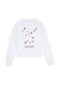 Biały bawełniany sweatshirt o kroju cropped, z wielokolorowym napisem i logo. Tekst wyświetlany w różnych rozmiarach i odcieniach różu oraz fioletu.