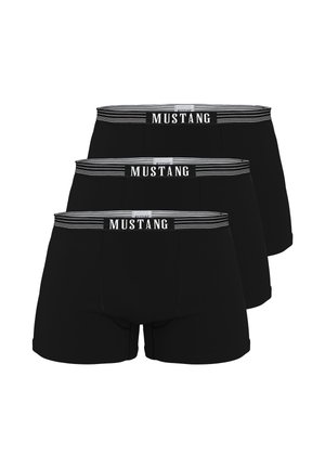 Three pairs of black boxer briefs with black and white striped waistbands, each featuring the brand name "MUSTANG" in white letters.