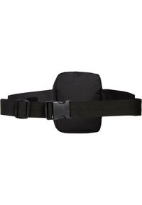 Borsa a vita nera realizzata in tessuto resistente, dotata di una tasca rettangolare e di una tracolla regolabile con fibbia in plastica e chiusura in Velcro.