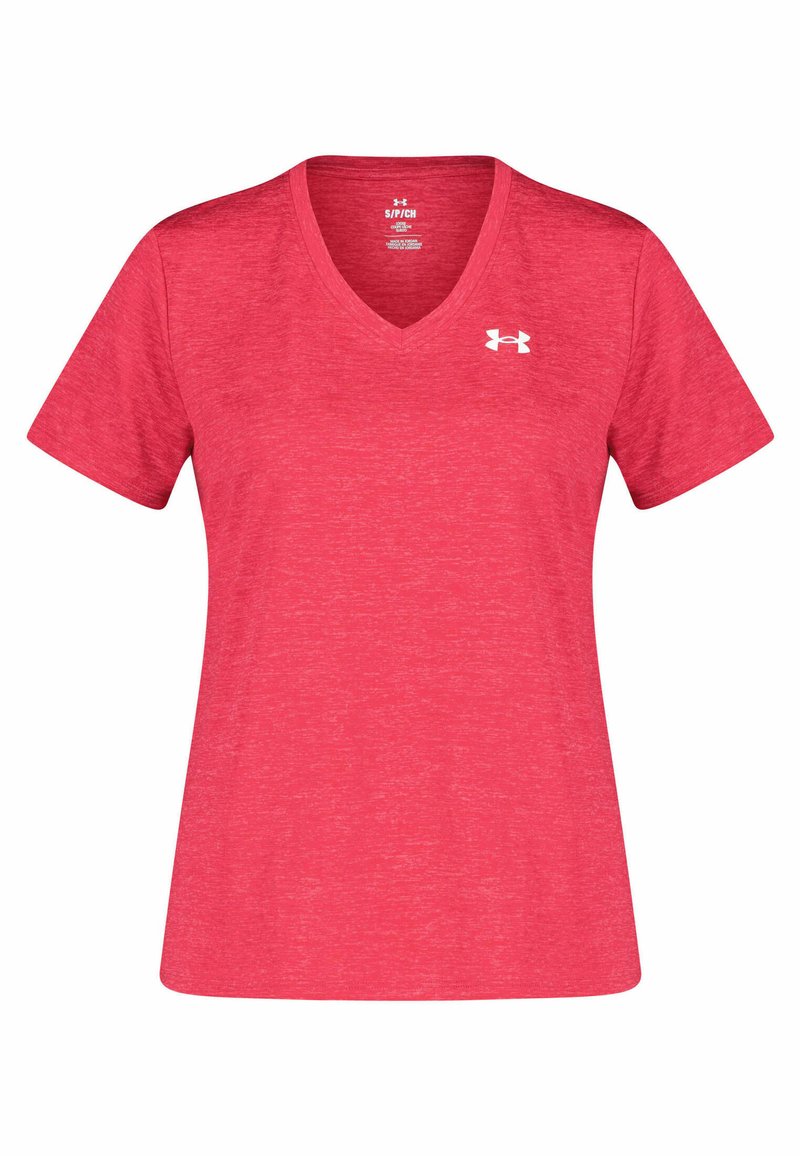 Camiseta de manga corta color rojo jaspeado con escote en V y el logo de Under Armour en blanco en la parte superior izquierda del pecho. Material suave y ligero.