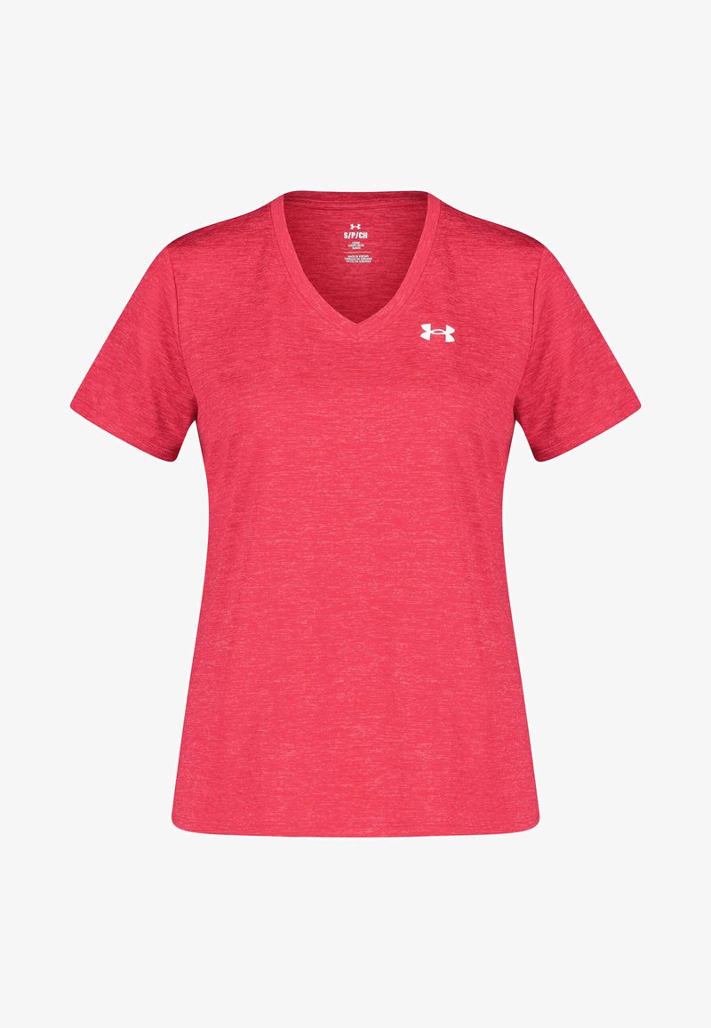 Camiseta de manga corta color rojo jaspeado con escote en V y el logo de Under Armour en blanco en la parte superior izquierda del pecho. Material suave y ligero.