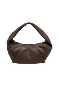 Borsa a tracolla in pelle marrone con un design morbido e arricciato. Presenta un manico spesso e arrotondato e una chiusura con zip nella parte superiore. Texture liscia, senza hardware visibile.