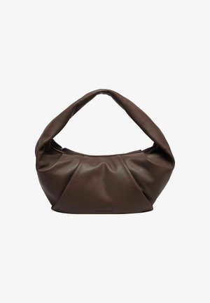 Braune Lederhandtasche mit einem weichen, gerafften Design. Verfügt über einen dicken, runden Griff und einen Reißverschlussverschluss oben. Glatte Textur, keine sichtbaren Beschläge.