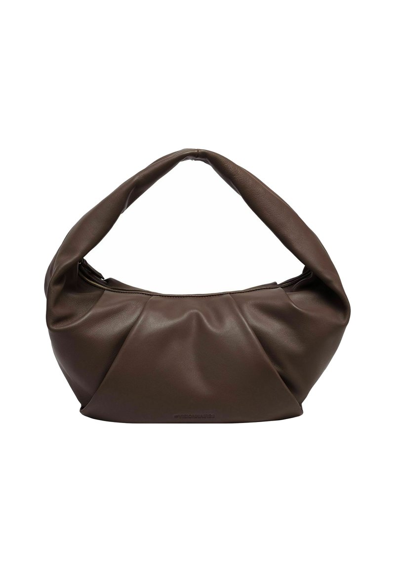 Borsa a tracolla in pelle marrone con un design morbido e arricciato. Presenta un manico spesso e arrotondato e una chiusura con zip nella parte superiore. Texture liscia, senza hardware visibile.