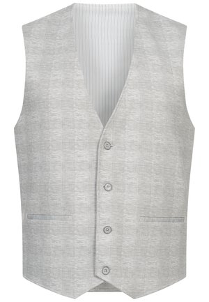 Lysegrå vest med rutemønster, med v-hals, fem knappelukking og to lommer foran. Innside har vertikalstripet fôr.