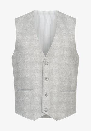 Lysegrå vest med rutemønster, med v-hals, fem knappelukking og to lommer foran. Innside har vertikalstripet fôr.