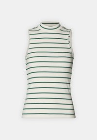 Top sin mangas a rayas en blanco con líneas horizontales verdes. Presenta un cuello alto y una textura acanalada para mayor detalle.