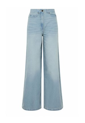 Jean large taille haute bleu clair avec fermeture avant à boutons et fermeture éclair, poches avant et arrière, et passants pour ceinture.