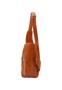 Borsa a tracolla in pelle marrone con una texture liscia, dotata di una zip color oro e di una tracolla regolabile. Il dettaglio della tasca laterale è visibile.