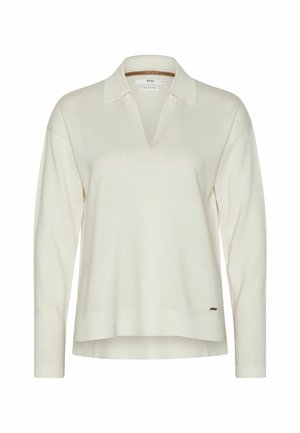Cream pullover sweater with a V-neck and collar, made of soft knit material. Features long sleeves and a slightly rounded hem.