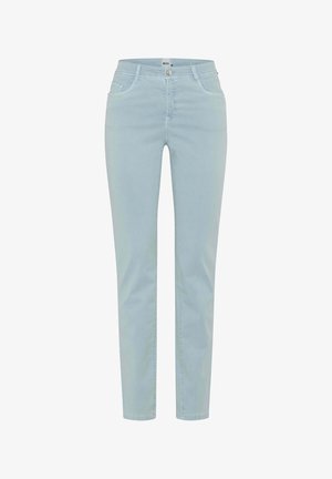 Jeans slim-fit azzurri chiaro con chiusura frontale con bottoni e zip, tasche frontali e passanti per cintura, mostrati su uno sfondo bianco.