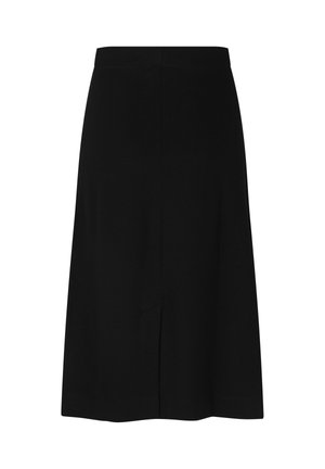 Jupe droite noire mi-genou avec une discrète fente avant et une taille ajustée, présentée sur un fond blanc.