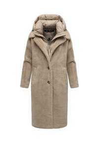 Beige nepbontjas met een gewatteerde capuchon, knoopsluitingen, grote pat pockets en lange mouwen. Zachte textuur en knielange ontwerp.