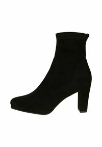 Stivali alla caviglia in suede nero con gambale aderente, punta tonda e tacco robusto. Presentano pannelli laterali elasticizzati per facilità di calzata.