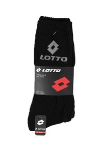 Calze sportive nere Lotto, taglia 43-46, presentano una texture rigata e un design del logo grigio. La confezione contiene tre paia con un'etichetta di plastica.