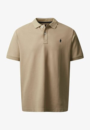 Beige poloshirt gemaakt van katoen, met een klassieke kraag, een knoopsluiting met twee knopen en een klein zwart logo op de linkerborst.