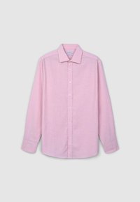 Hellrosa langärmeliges Hemd aus gewebtem Stoff. Verfügt über einen spitzen Kragen, eine durchgehende Knopfleiste und geknöpfte Manschetten. Strukturierte und glatte Textur.