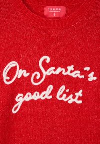 Czerwony sweter z dzianiny z prążkowanym dekoltem. Posiada białe haftowane napisy: "Na dobrej liście Świętego Mikołaja." Metka głosi "Terranova, Wesołych Świąt, S."
