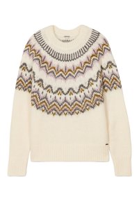 Cremfarbener Strickpullover mit rundem Halsausschnitt und Zickzackmustern in Grau, Rosa und Senfgelb. Rippbündchen an Ärmeln und Saum. Kuschelige Textur.