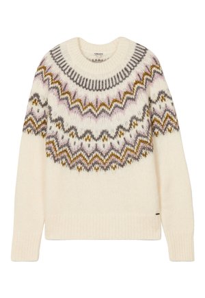 Maglione lavorato a maglia crema con design a giogo rotondo che presenta motivi zigzag in grigio, rosa e senape. Polsini e orlo a costine. Tessuto morbido e accogliente.