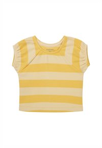 Geel en crème gestreepte short-sleeve top van ribstof, met een ronde halslijn en subtiele geplooide details op de schouders.