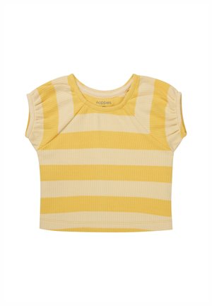 Geel en crème gestreepte short-sleeve top van ribstof, met een ronde halslijn en subtiele geplooide details op de schouders.