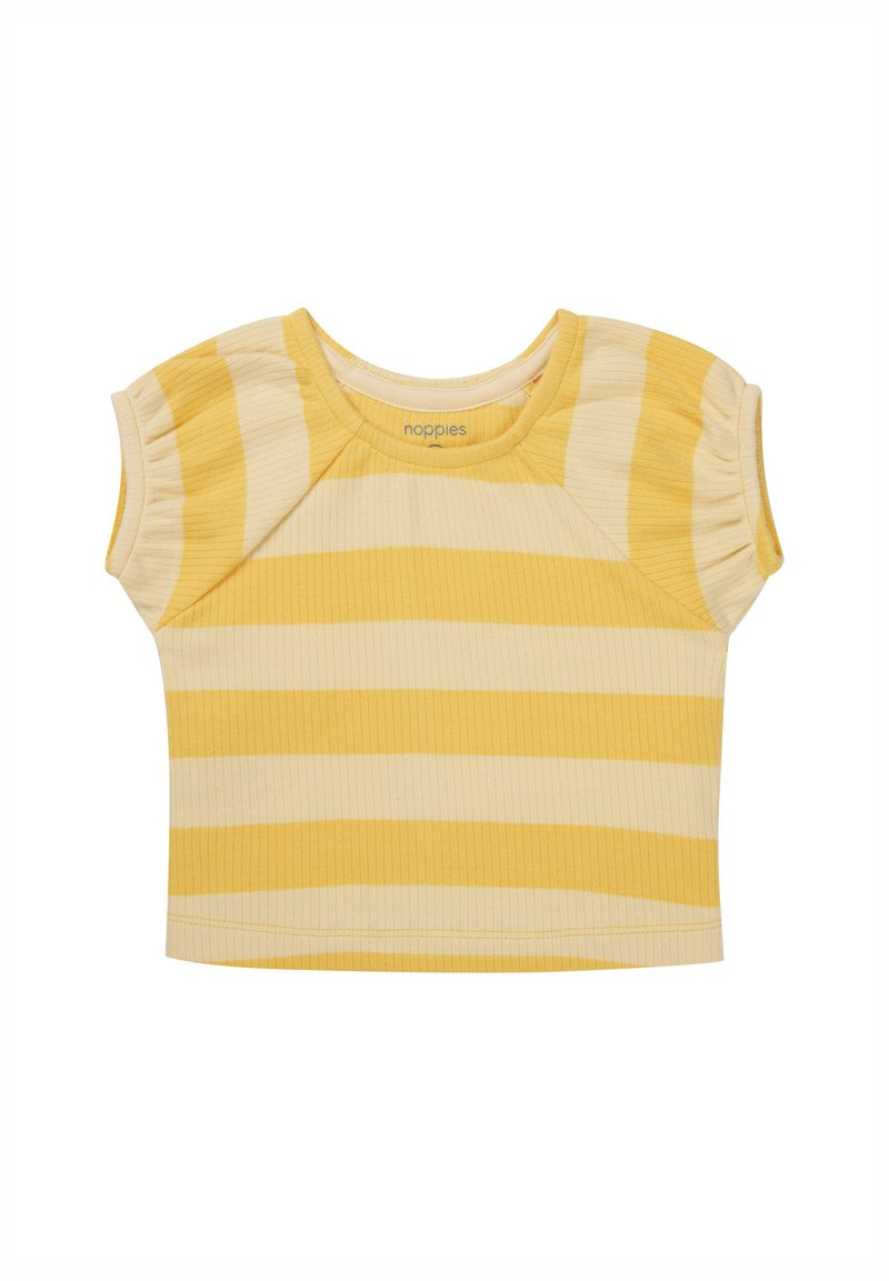 Geel en crème gestreepte short-sleeve top van ribstof, met een ronde halslijn en subtiele geplooide details op de schouders.