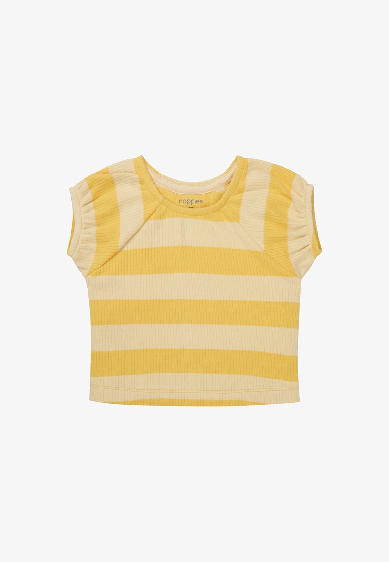 Yellow and cream striped short-sleeve top made of ribbed material, featuring a round neckline and subtle gathered detail on shoulders.
