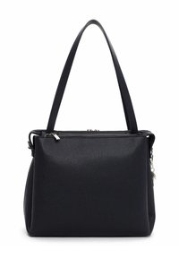 Borsa tote in pelle nera con design strutturato, doppie tracolle, chiusura con cerniera e dettagli in metallo argentato. Texture liscia, stile minimalista.