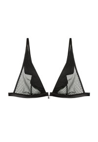 Black triangular bra featuring sheer mesh panels with vertical stripes, satin trim, and a metal hardware closure at the front center.