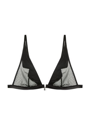 Reggiseno triangolare nero con pannelli in rete trasparente a strisce verticali, bordature in raso e chiusura in metallo al centro davanti.