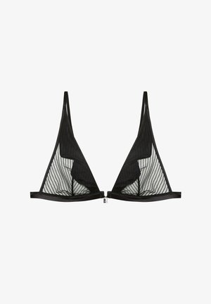 Soutien-gorge triangulaire noir mettant en valeur des panneaux en maille transparente avec des rayures verticales, des finitions en satin et une fermeture en métal au centre avant.