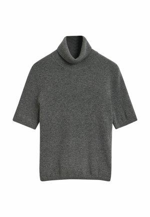 Maglione a collo alto in lana grigio scuro a maniche corte con colletto, polsini e orlo a coste, esposto su uno sfondo bianco.