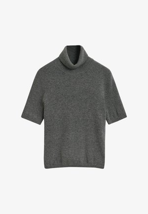 Pull en laine gris foncé à manches courtes avec col roulé, poignets et ourlet côtelés, présenté sur un fond blanc.
