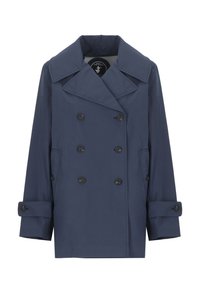 Giacca peacoat doppiopetto navy realizzata in un tessuto morbido con grandi revers, bottoni neri e tasche laterali. Presenta polsini arrotolati per un look strutturato.
