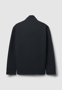 Giacca blu navy scura con un design minimalista, dotata di colletto dritto e maniche lunghe. Tessuto liscio senza motivi o hardware visibili.