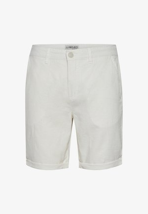 White cotton shorts with a button closure, front pockets, rolled hem, and subtle stitching detail. Brand label visible at the waist.