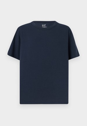 Tengerészkék rövid ujjú, kerek nyakú póló, egyszínű dizájn, laza fazon, GAP márkajelzés a gallér belső oldalán.