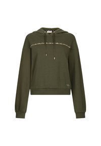 Felpa a cappuccio corta verde oliva realizzata in tessuto morbido, con cappuccio regolabile, maniche lunghe e una fascia decorativa attraverso il petto.