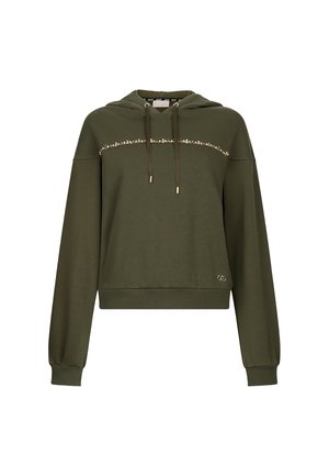 Felpa a cappuccio corta verde oliva realizzata in tessuto morbido, con cappuccio regolabile, maniche lunghe e una fascia decorativa attraverso il petto.