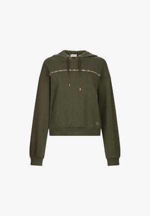 Felpa a cappuccio corta verde oliva realizzata in tessuto morbido, con cappuccio regolabile, maniche lunghe e una fascia decorativa attraverso il petto.