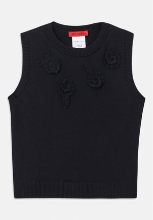 Svart ermeløs genser med ribbestrikket halslinning og nederkant. Har teksturerte blomsterapplikasjoner på forsiden. Mykt strikkemateriale.