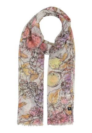 Leichter Stoffschal mit Aquarell-Obst- und Blattmustern in Pastellrosa, Lila, Gelb und Orange, mit ausgefransten Kanten.